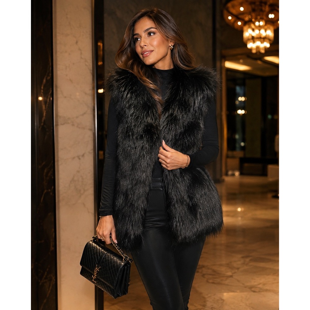 Merona Women Black Faux Fur Vest Shaggy Open Front Sleeveless Jacket XL